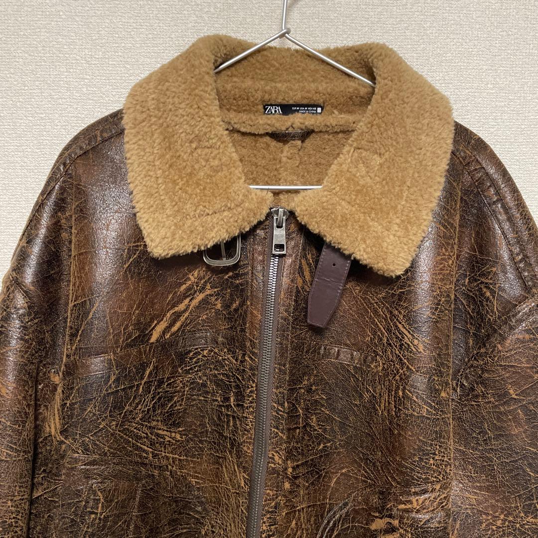 ZARA ボア襟 ブラウンレザー ジャケット