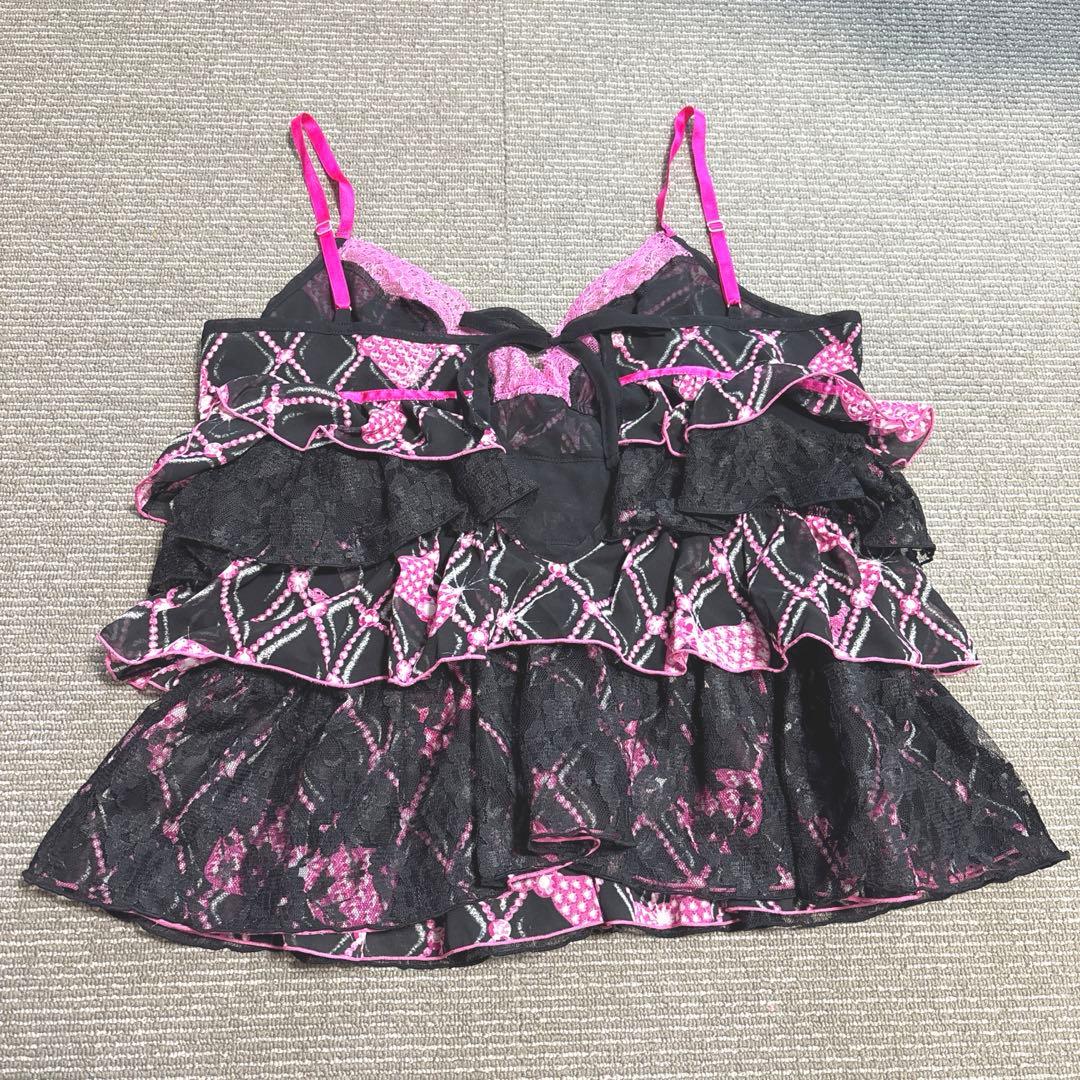 MARSおリボンダイヤ柄Sugar Glossフリル付キャミソール 黒/ピンク