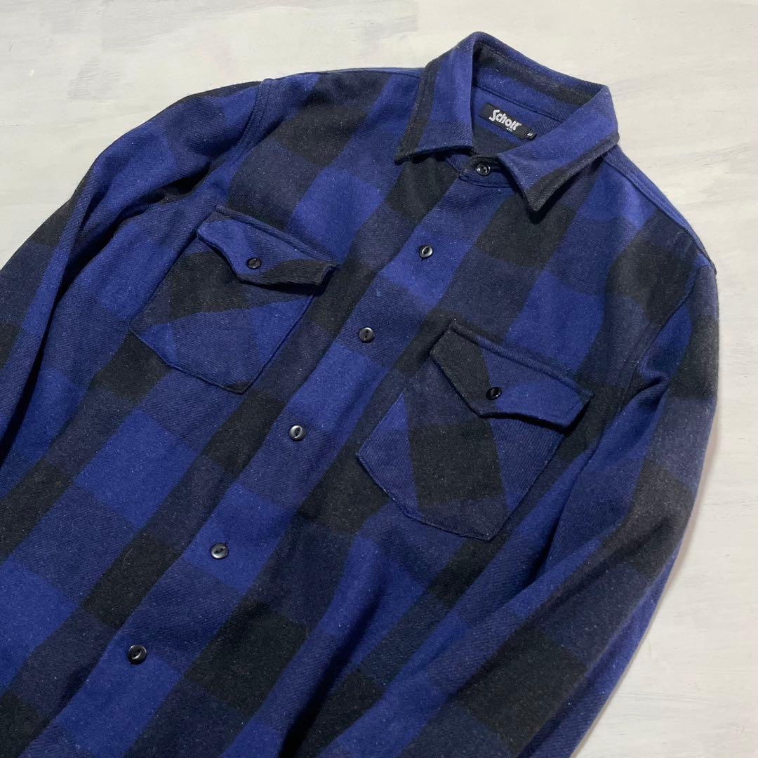 レア schott バッファローチェック ネルシャツ ウール ヘンプ 青×黒
