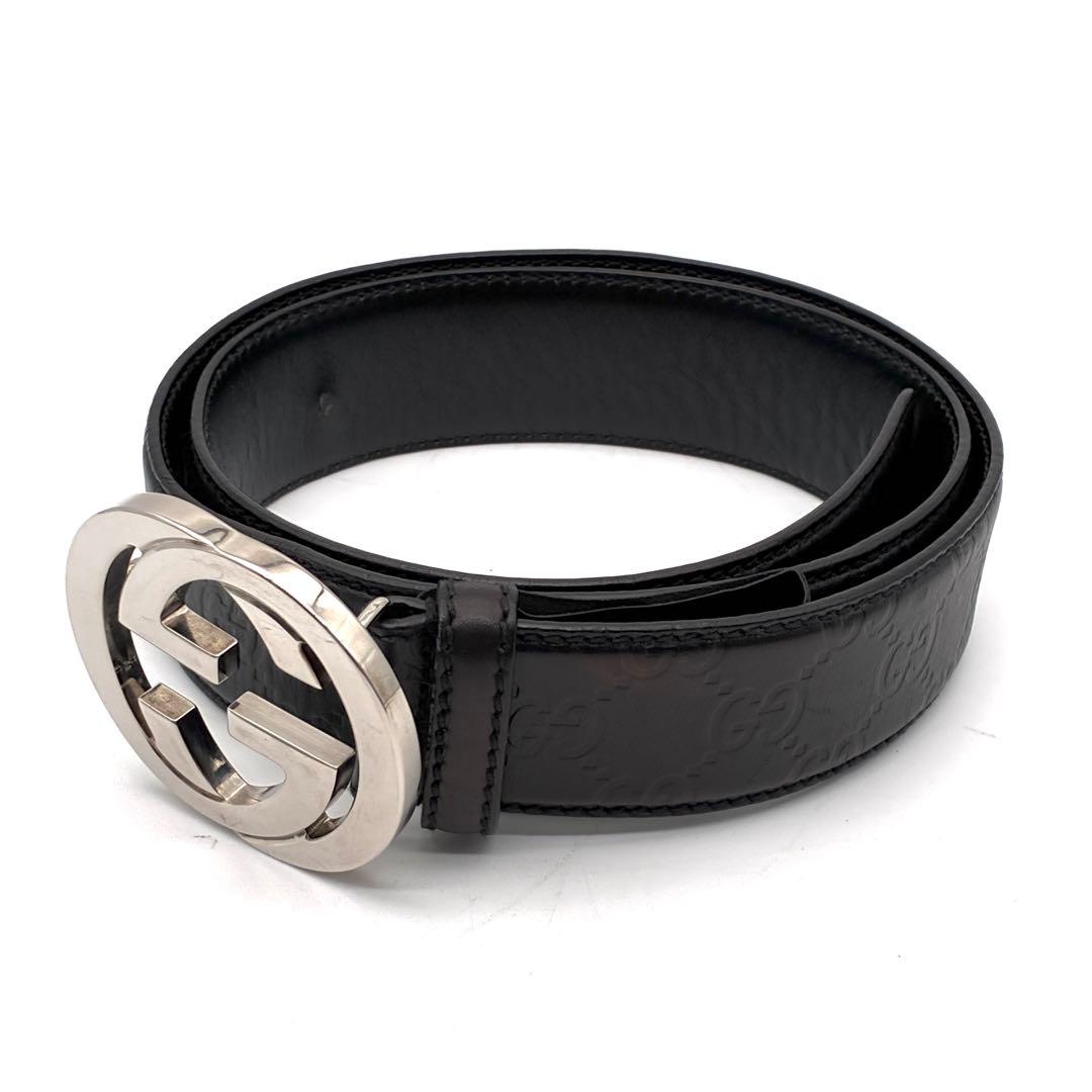 美品 GUCCI グッチ ベルト インターロッキング シマレザー GG ブラック