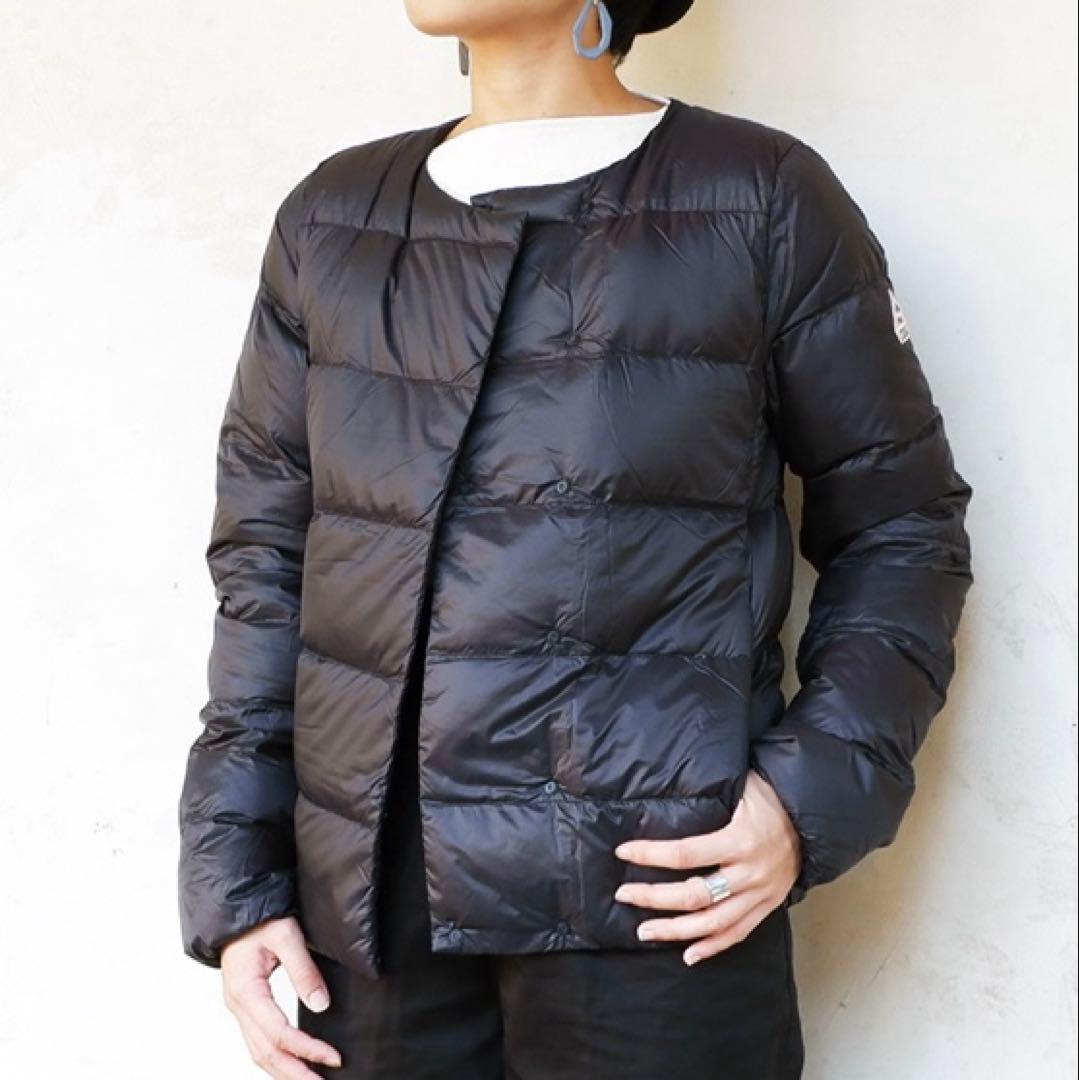 美品 ピレネックス カンヌ ノーカラーダウンジャケット 38 濃紺