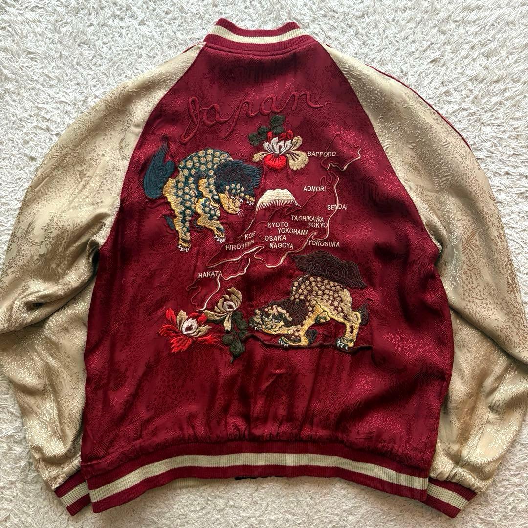 ★リバーシブル★ 花旅楽団 スカジャン 刺繍 鶴 狛犬 リブニット ジップアップ