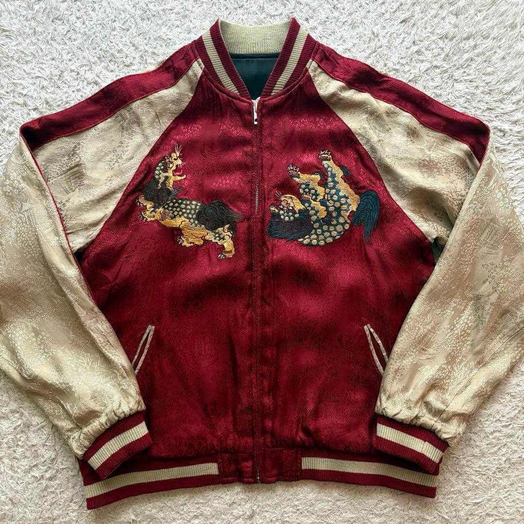 ★リバーシブル★ 花旅楽団 スカジャン 刺繍 鶴 狛犬 リブニット ジップアップ