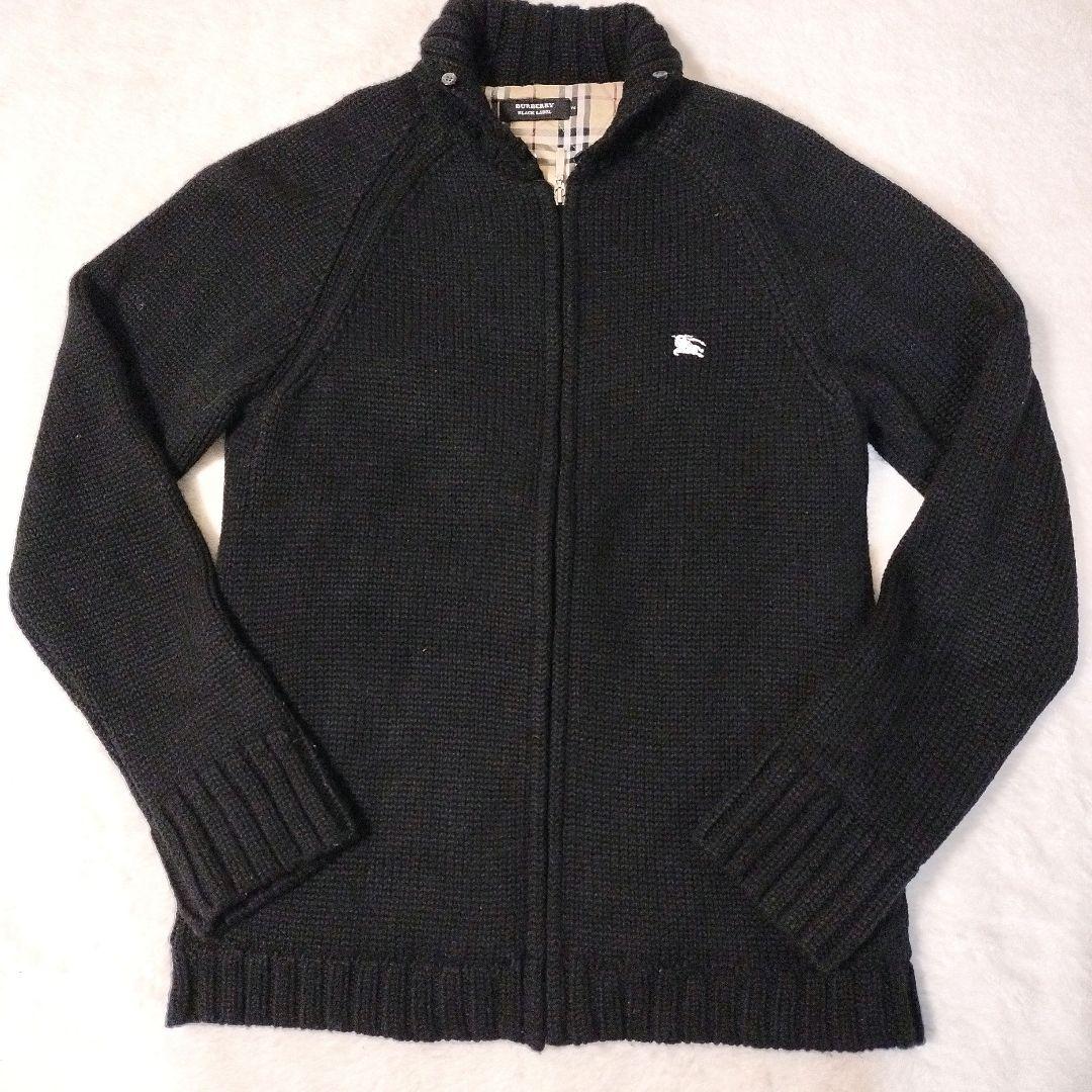 【美品】バーバリー　ニットジャケット　ジップアップ　羊毛　ノバチェック　黒
