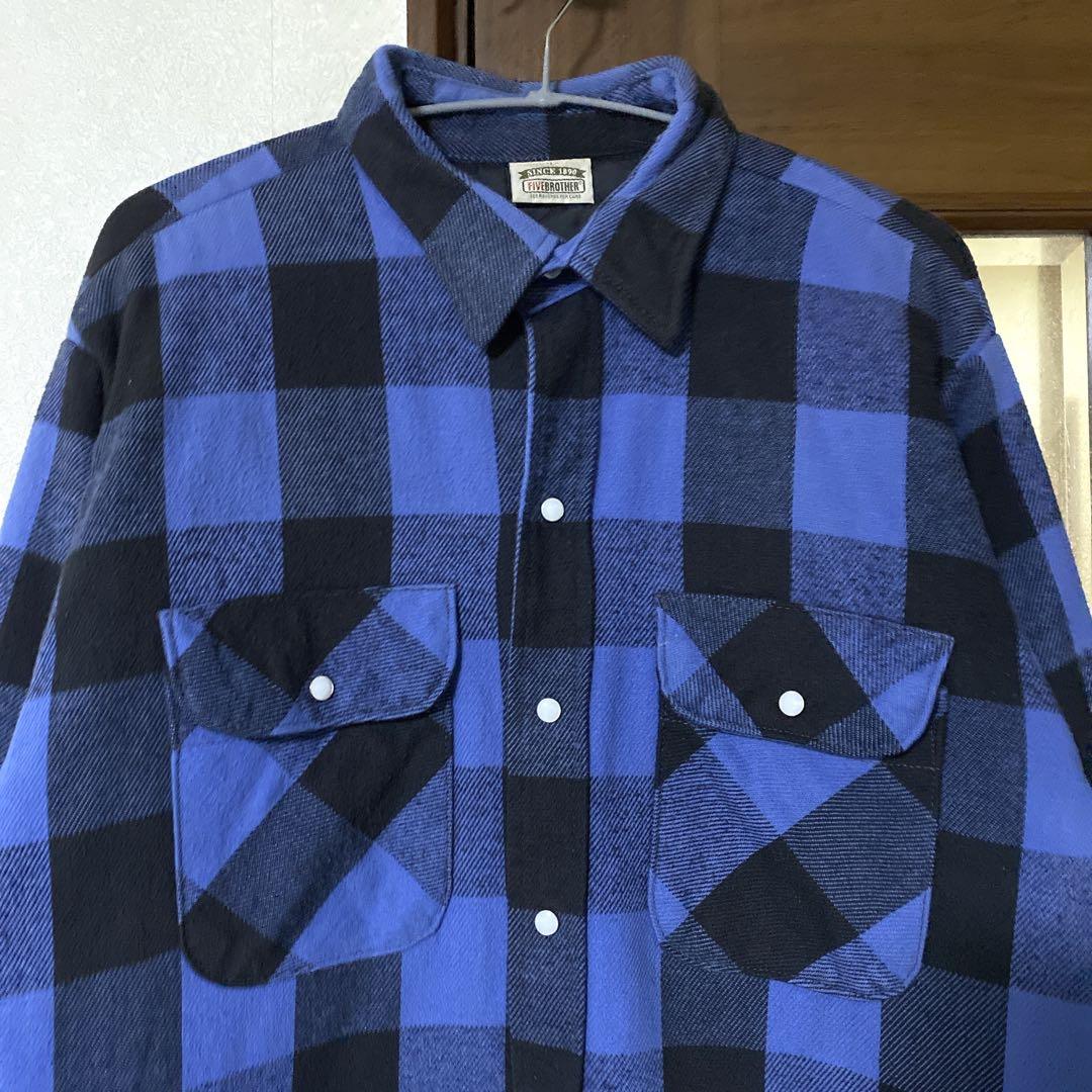 90s five brother 青黒 キルティング ネルシャツ L USA製