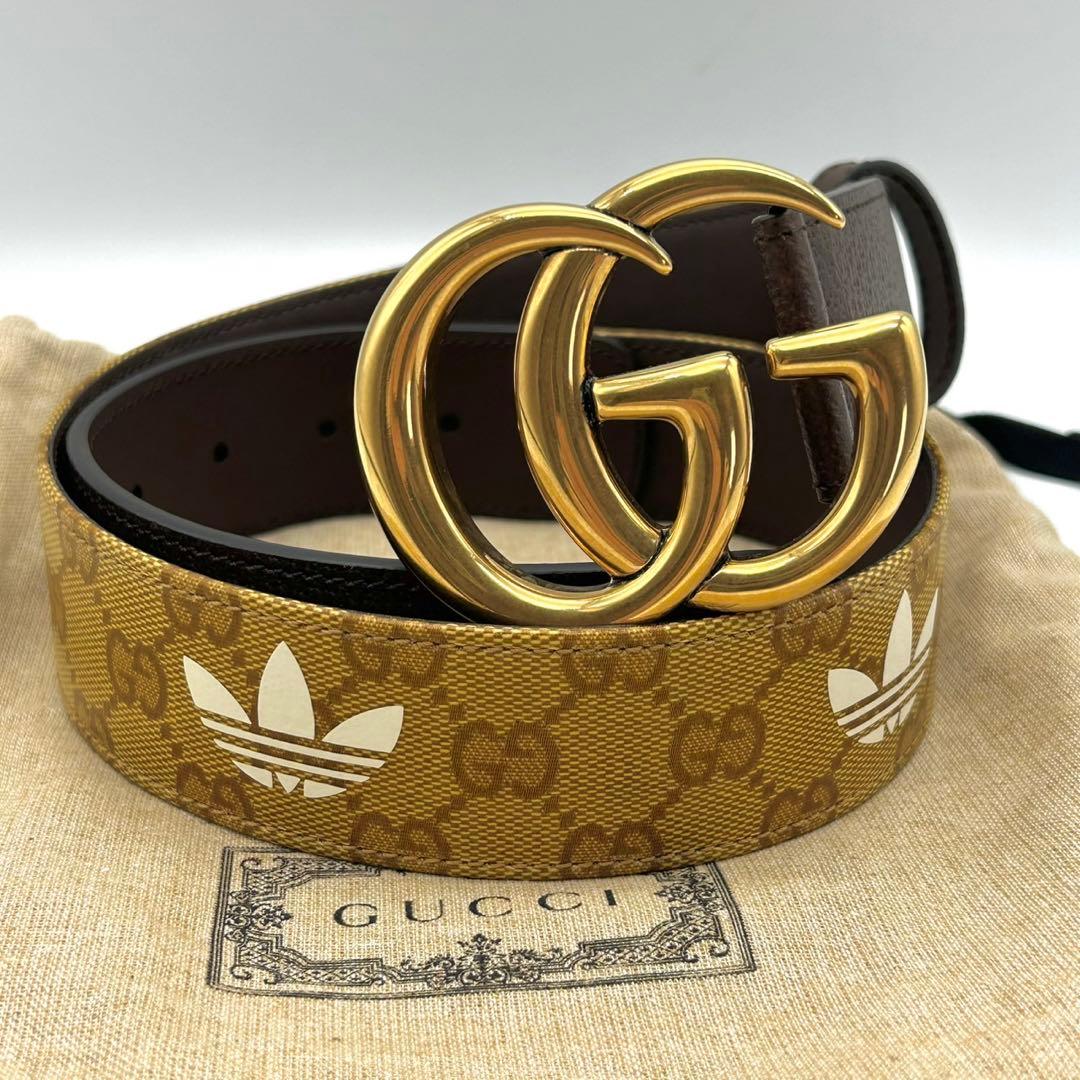 グッチ×アディダス GGマーモント レザー ベルト ブラウン 75-30 未使用