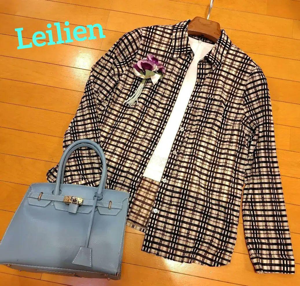 レリアン 格子柄長袖シャツブラウス（ブラウン・ホワイト）は13+XL