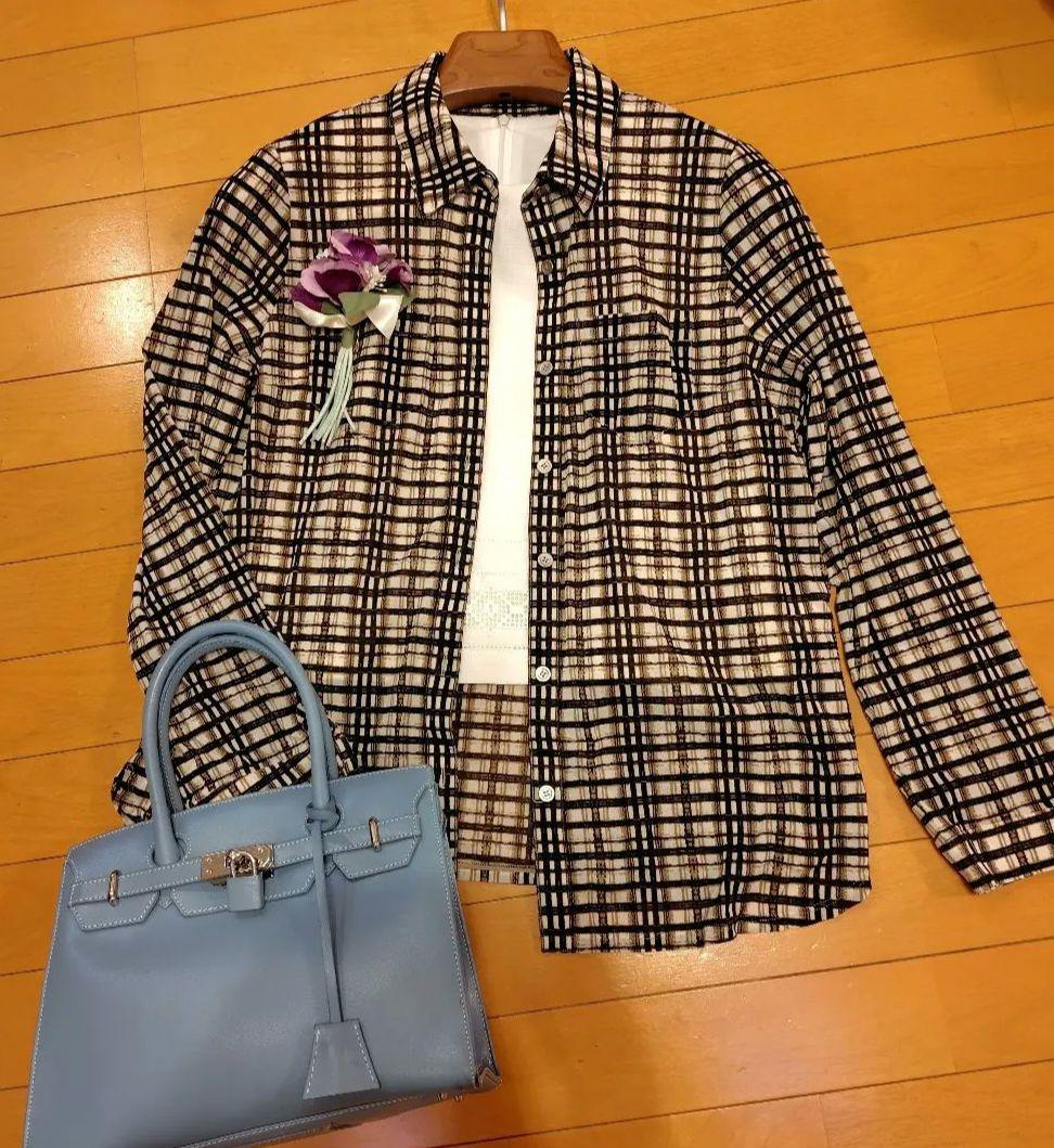 レリアン 格子柄長袖シャツブラウス（ブラウン・ホワイト）は13+XL