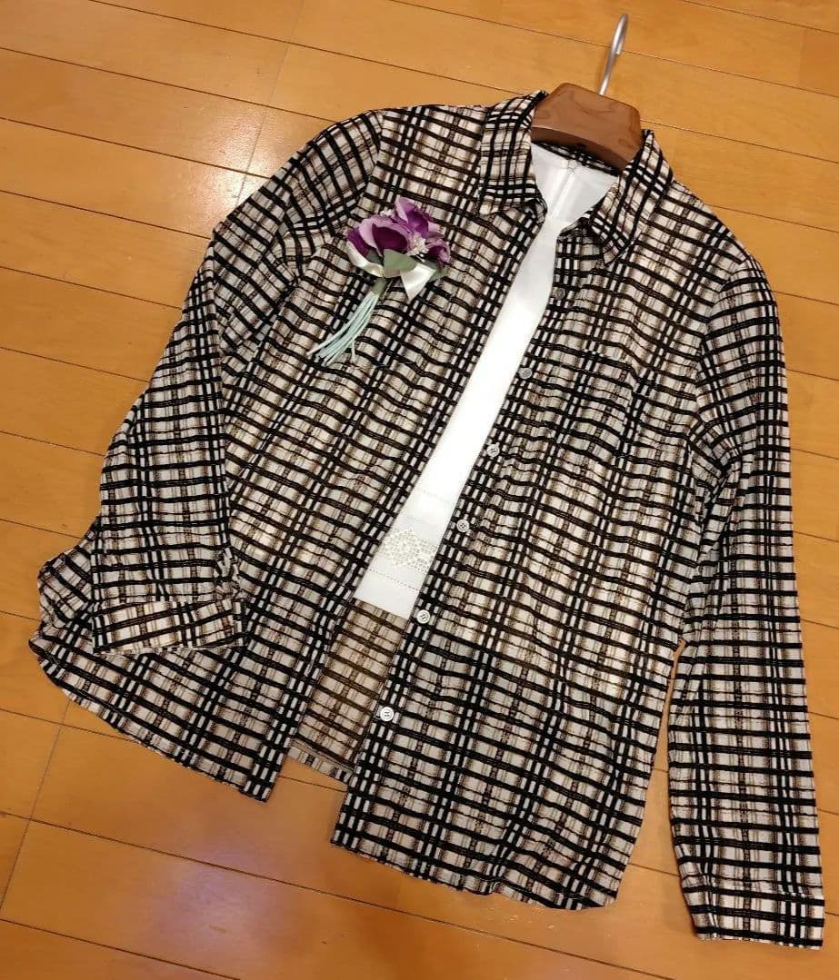 レリアン 格子柄長袖シャツブラウス（ブラウン・ホワイト）は13+XL