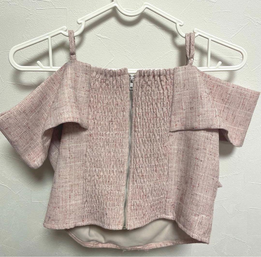 リップサービス ツイード オフショルリボン トップス