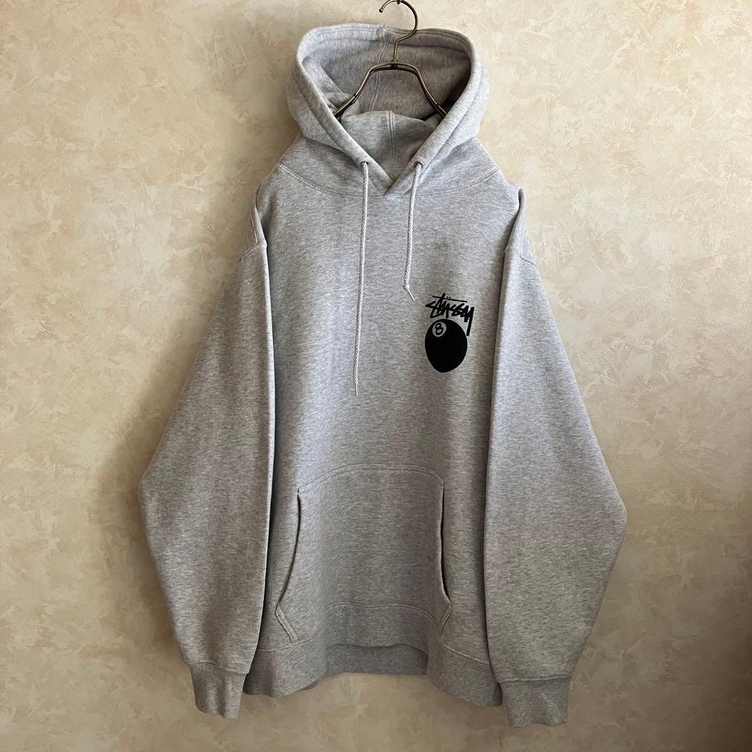 古着 ステューシー 両面ロゴ 8ボール パーカー グレー XL 裏地フリース