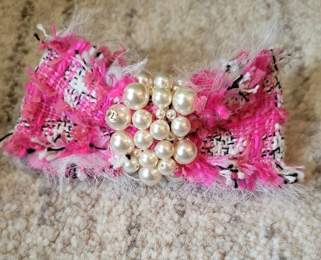 『CHANEL』シャネル　ピンク ツイード パール リボン バレッタ