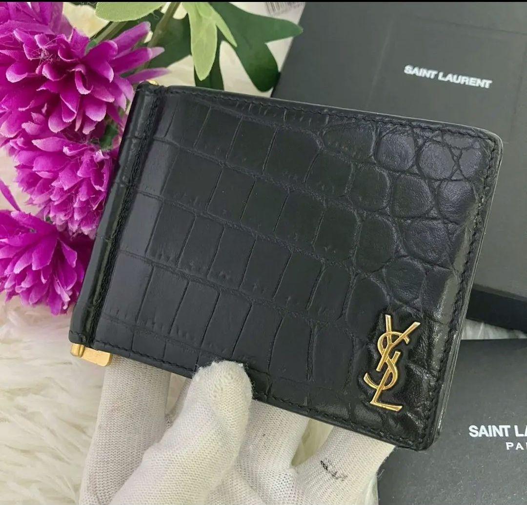 極美品✨SAINT LAURENT マネークリップ　クロコ型押し　YSL 黒