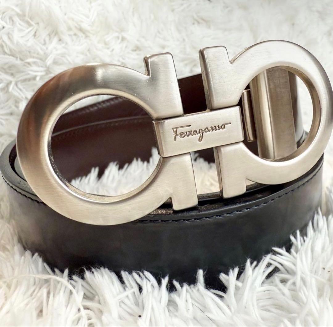 【美品】フェラガモ ベルト ダブルガンチーニ リバーシブル ブラック シルバー
