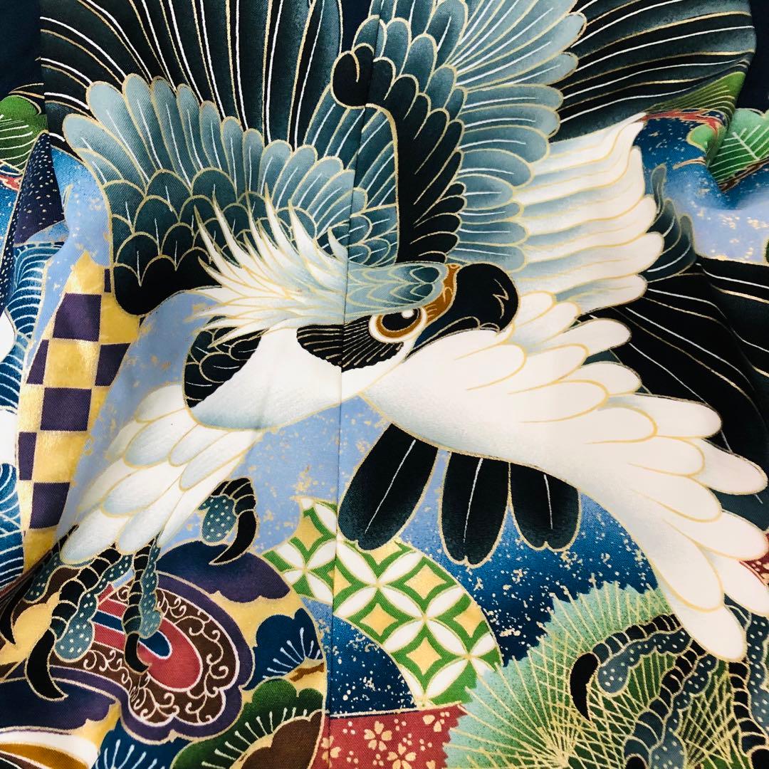 七五三五歳フルセット‼️人気黒地系⭐︎鷹凛々しい金彩煌びやか⭐︎袴縞スタイルアップ銘品