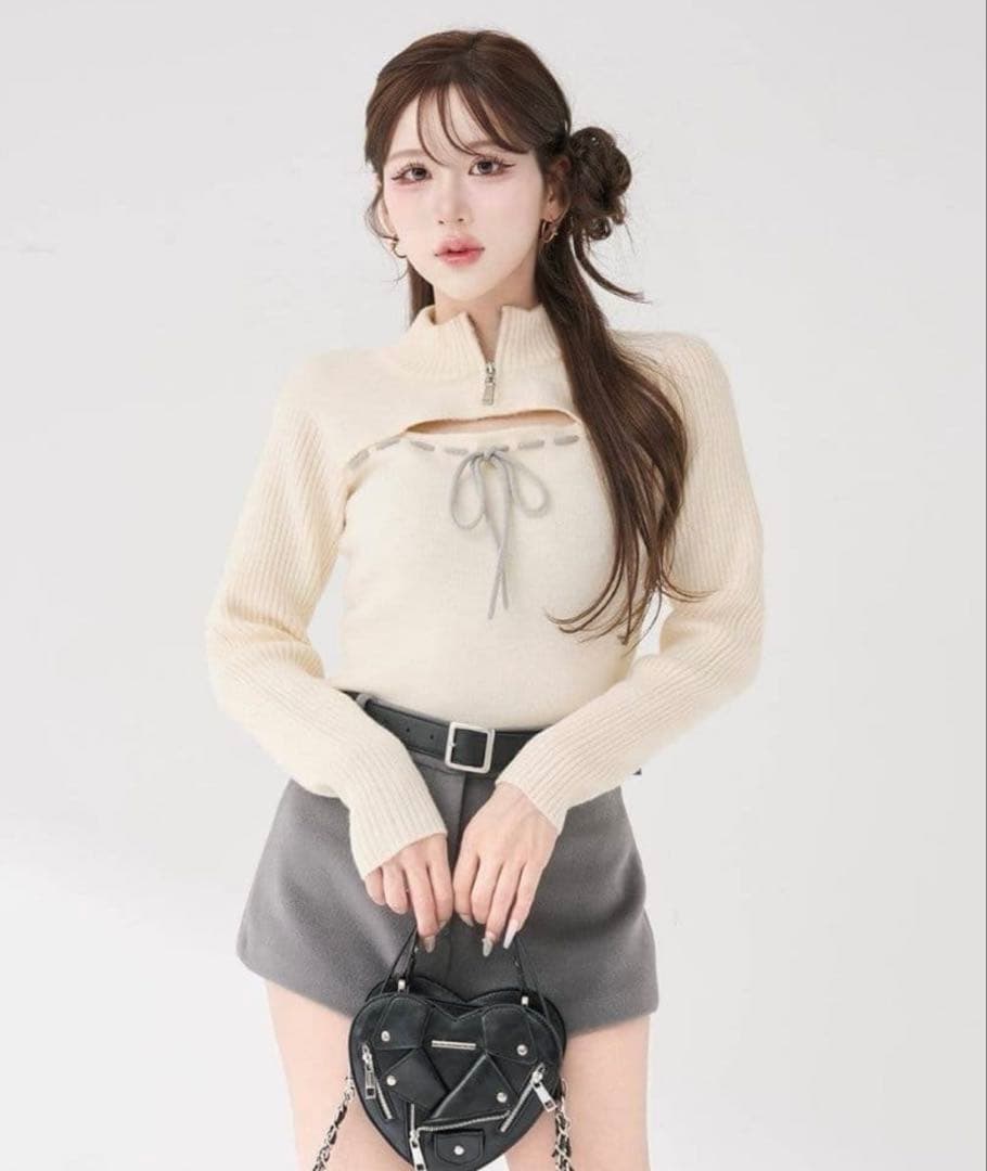 ダーリッチ ステッチリボンオープンニットトップス