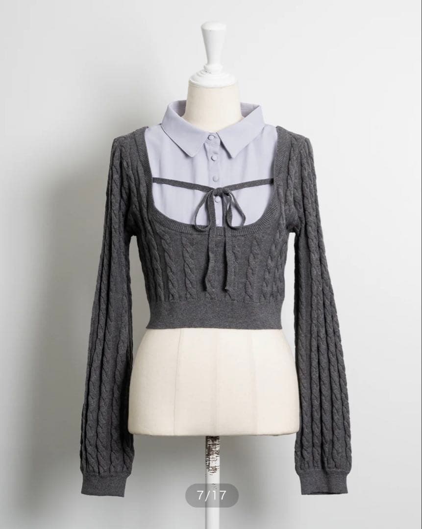 pium レイヤードケーブル長袖ニット チャコール