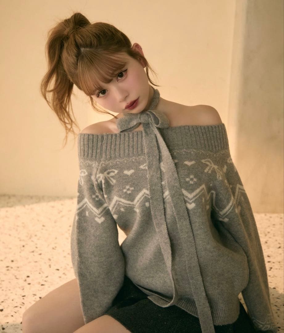 titty&co. ノルディック柄リボン付きオフショルダーニット