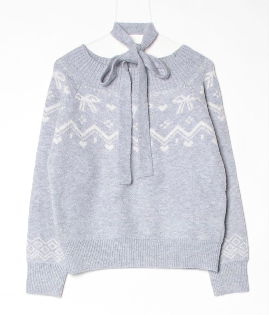 titty&co. ノルディック柄リボン付きオフショルダーニット