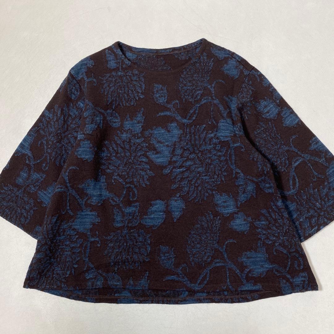 美品　群言堂 登美 ウール フラワージャガード ゆったり 7分袖 プルオーバー