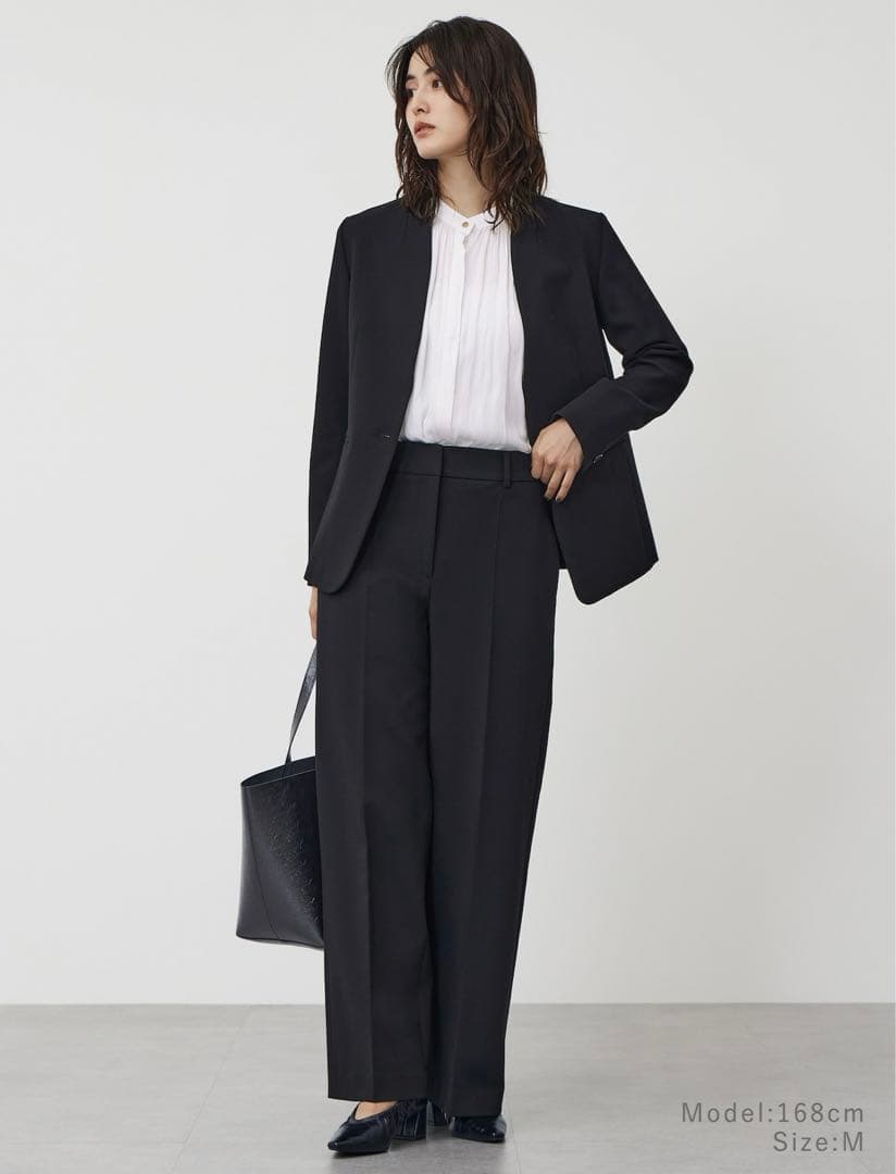 PLST パンツスーツ ウォームリザーブ ノーカラージャケット ワイドパンツ