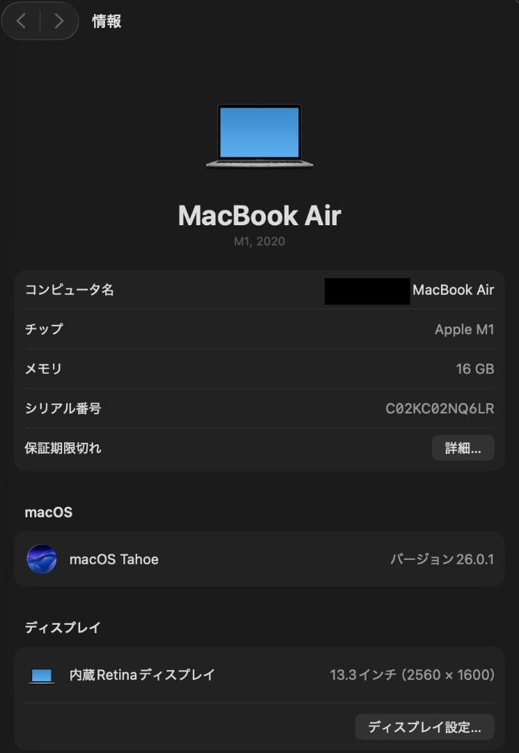 MacBook Air M1 (2020) 13インチ 16GB 1TB