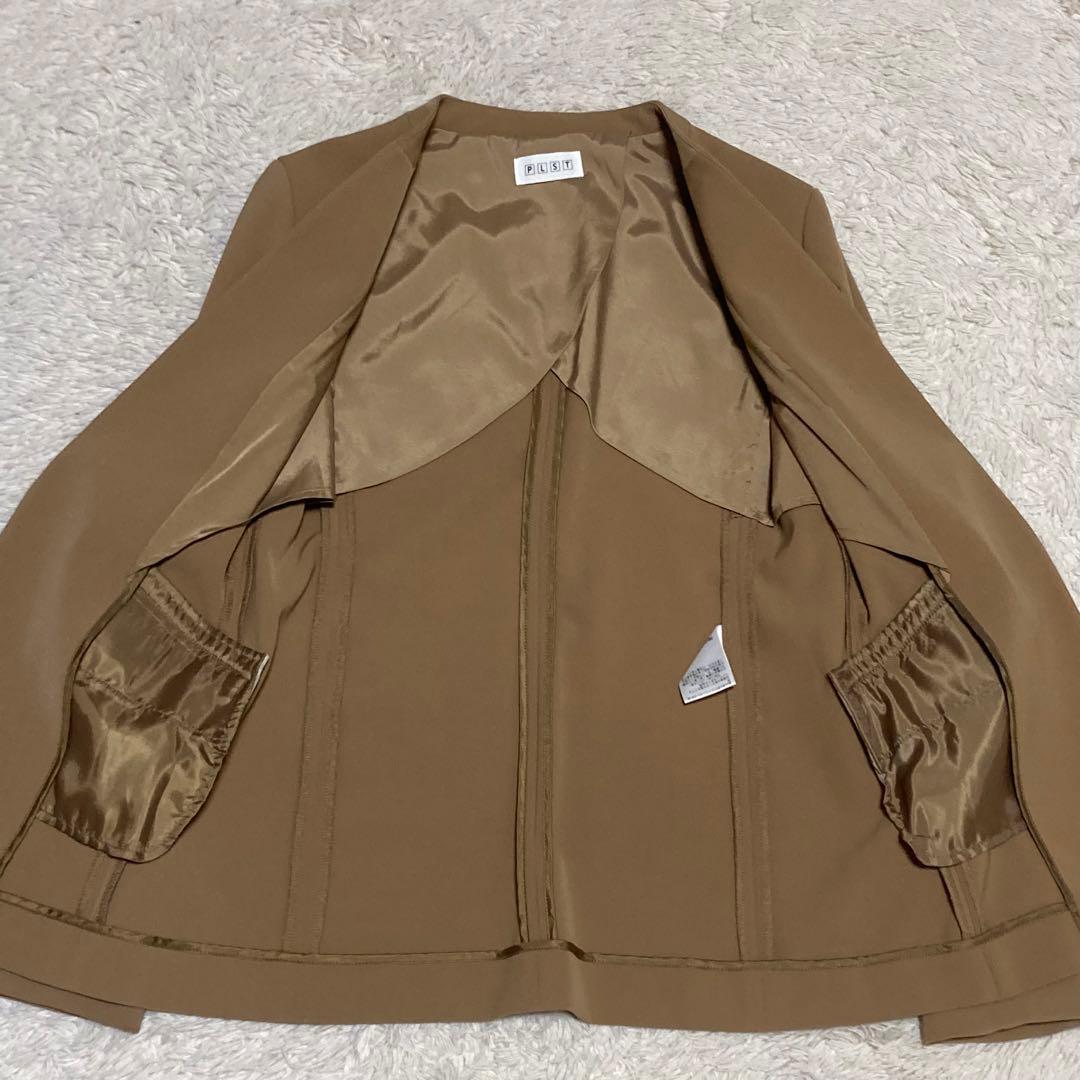 PLST【美品】ベージュ ストレッチ ノーカラー ジャケット パンツ