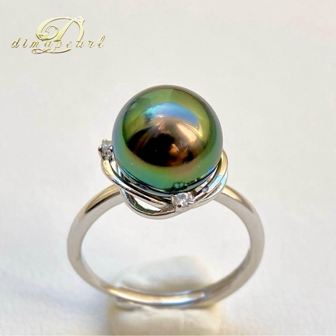 本真珠南洋黒蝶真珠ピーコックグリーン無調9.9㍉s925リングY1046