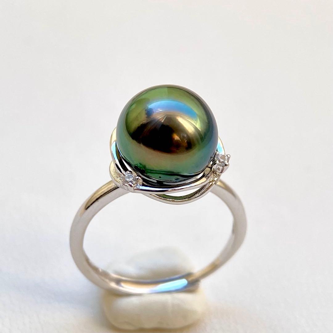 本真珠南洋黒蝶真珠ピーコックグリーン無調9.9㍉s925リングY1046
