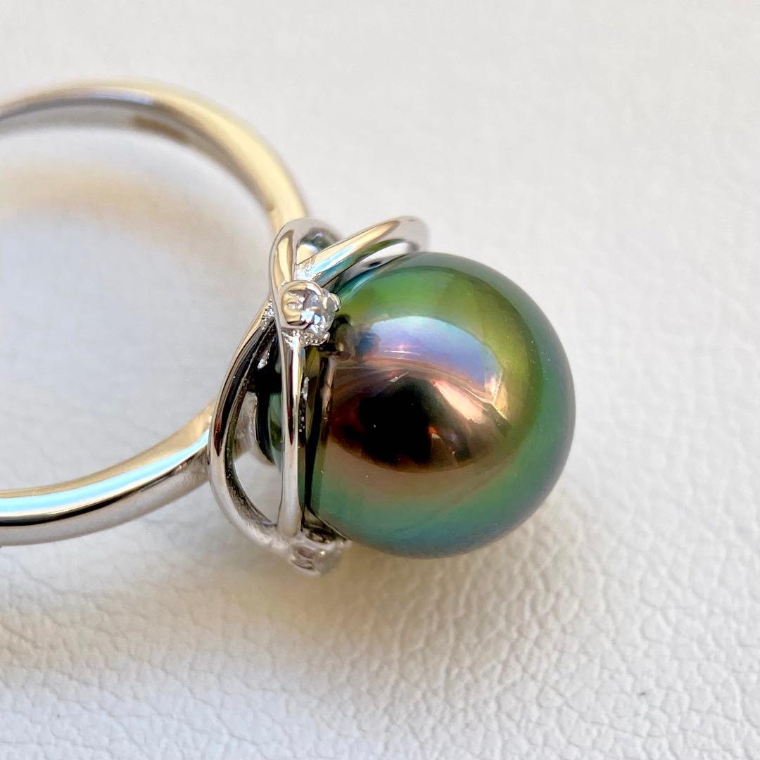 本真珠南洋黒蝶真珠ピーコックグリーン無調9.9㍉s925リングY1046
