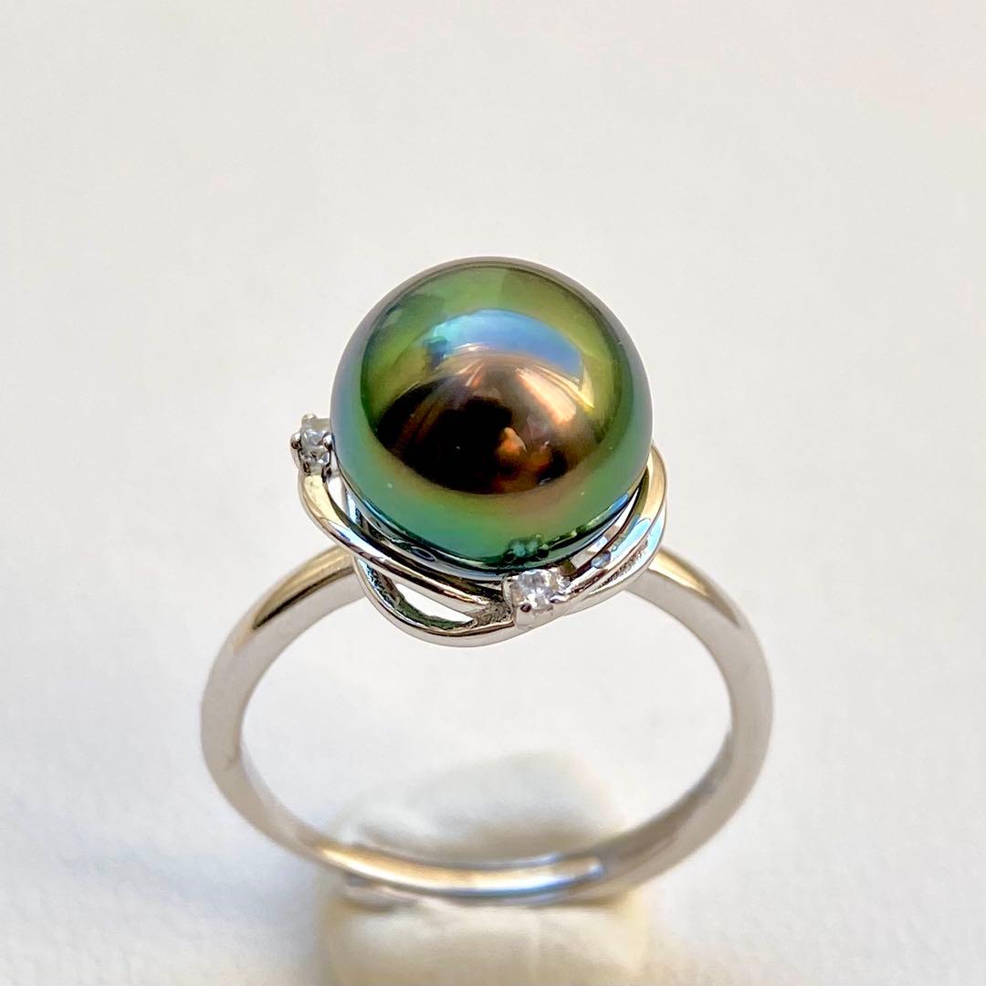 本真珠南洋黒蝶真珠ピーコックグリーン無調9.9㍉s925リングY1046