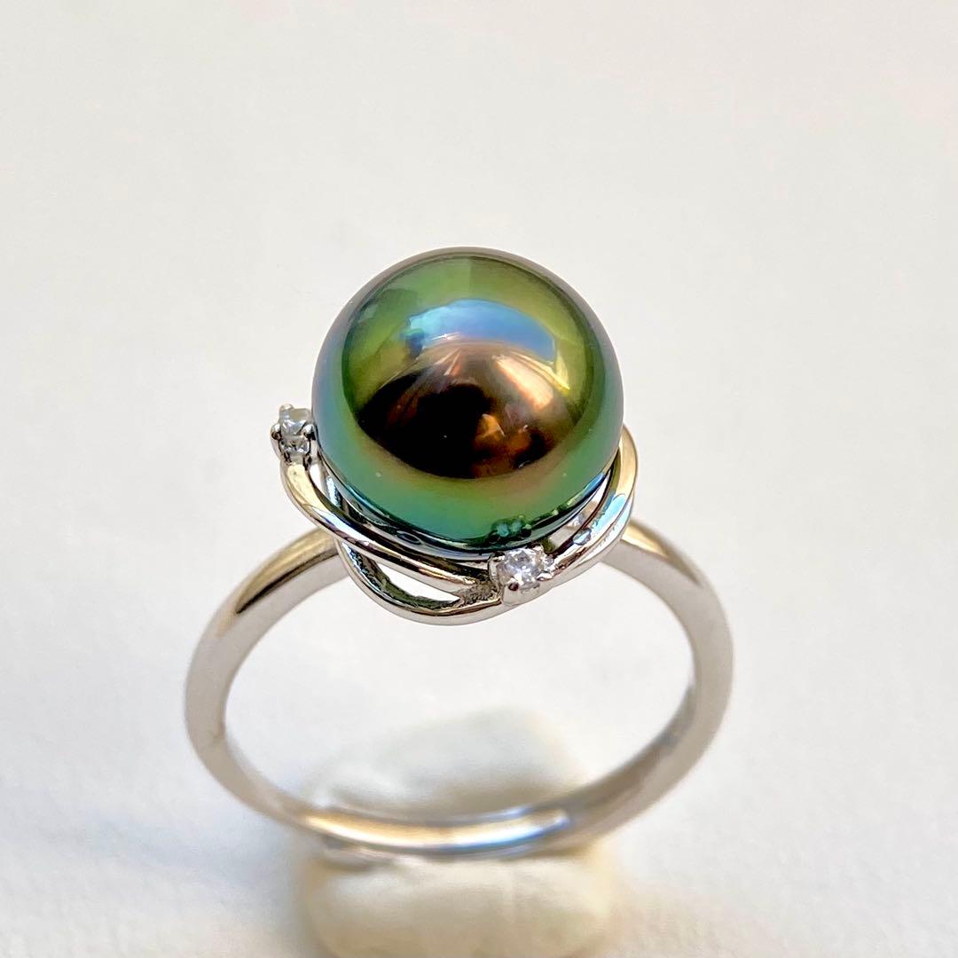 本真珠南洋黒蝶真珠ピーコックグリーン無調9.9㍉s925リングY1046