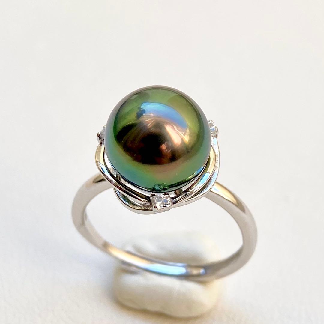 本真珠南洋黒蝶真珠ピーコックグリーン無調9.9㍉s925リングY1046