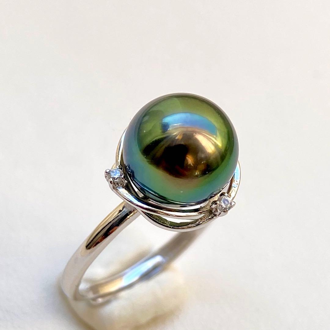 本真珠南洋黒蝶真珠ピーコックグリーン無調9.9㍉s925リングY1046