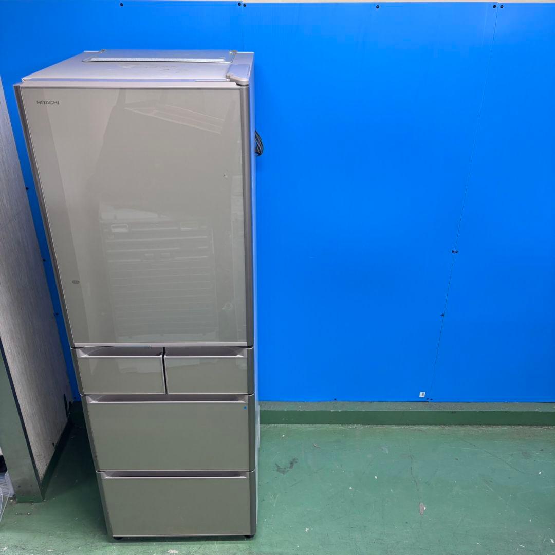 573 日立大型冷蔵庫　400L強　小型　家庭用　右開き　自動製氷　ガラスパネル