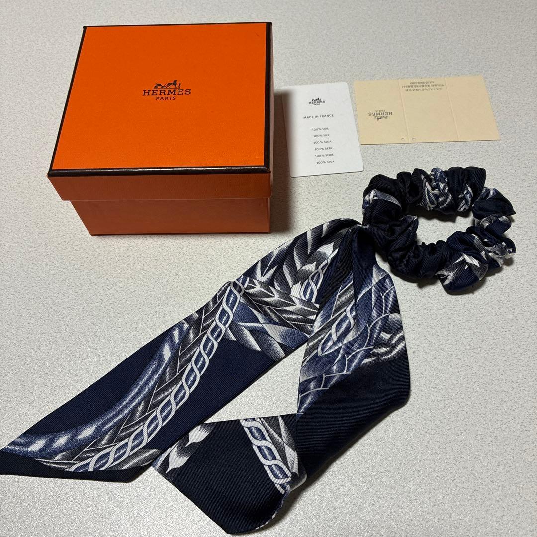 ◉ゆうきママHERMES シルク ヘアゴム ネイビー