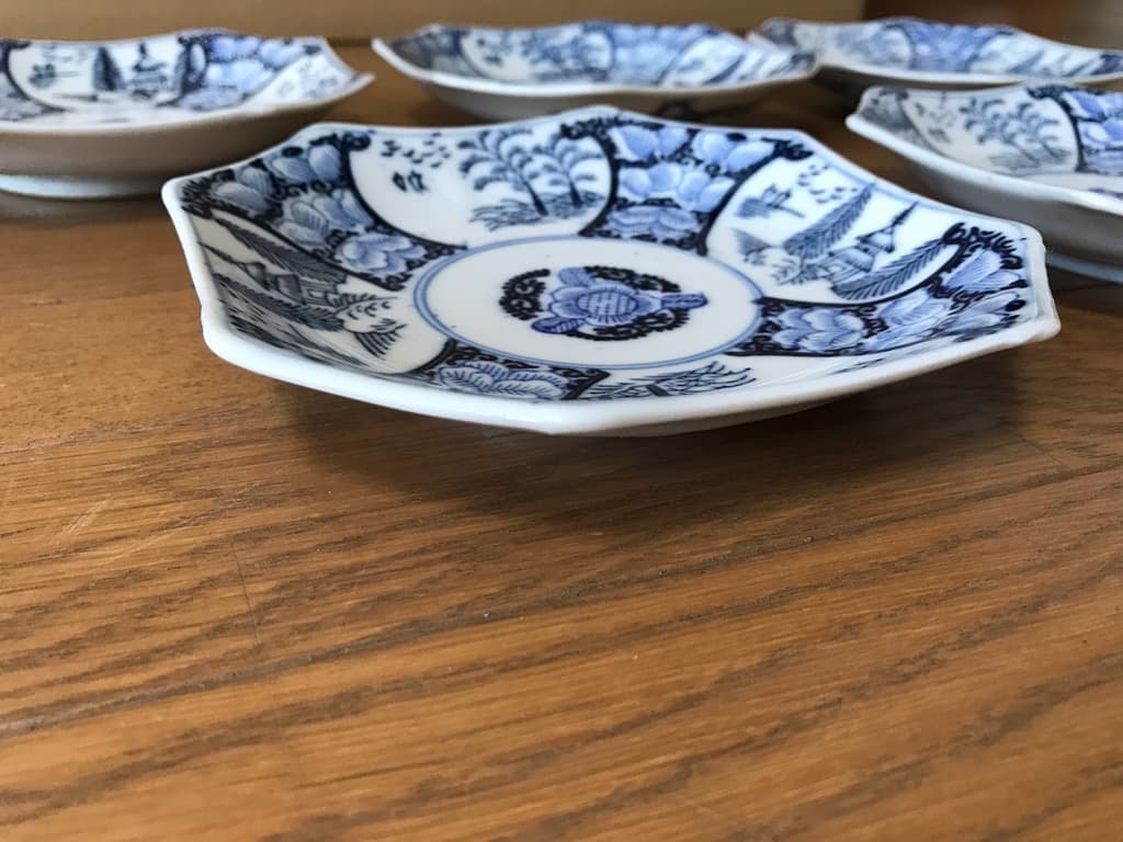 【アンティーク・江戸末期〜明治】古伊万里 染付 八角皿 14cm 5枚 小皿取皿