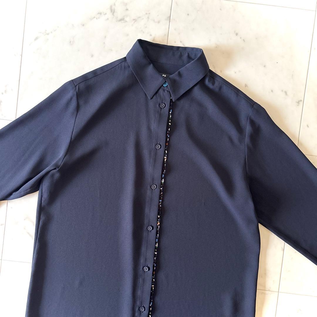 美品 ピーエス ポールスミス とろみブラウス 洗える ネイビー 42 XL 濃紺