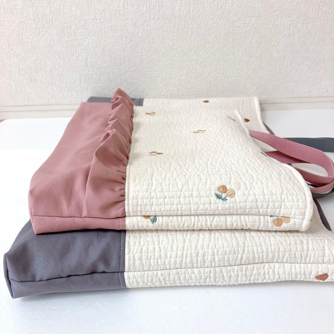 レッスンバッグ お布団バッグ　ヌビ　さくらんぼ刺繍　ハート刺繍