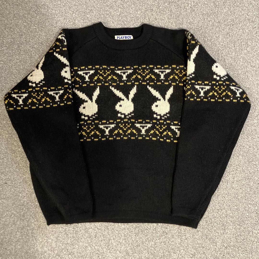 希少 Lサイズ　美品 古着 80's プレイボーイ ウール ニット セーター 黒