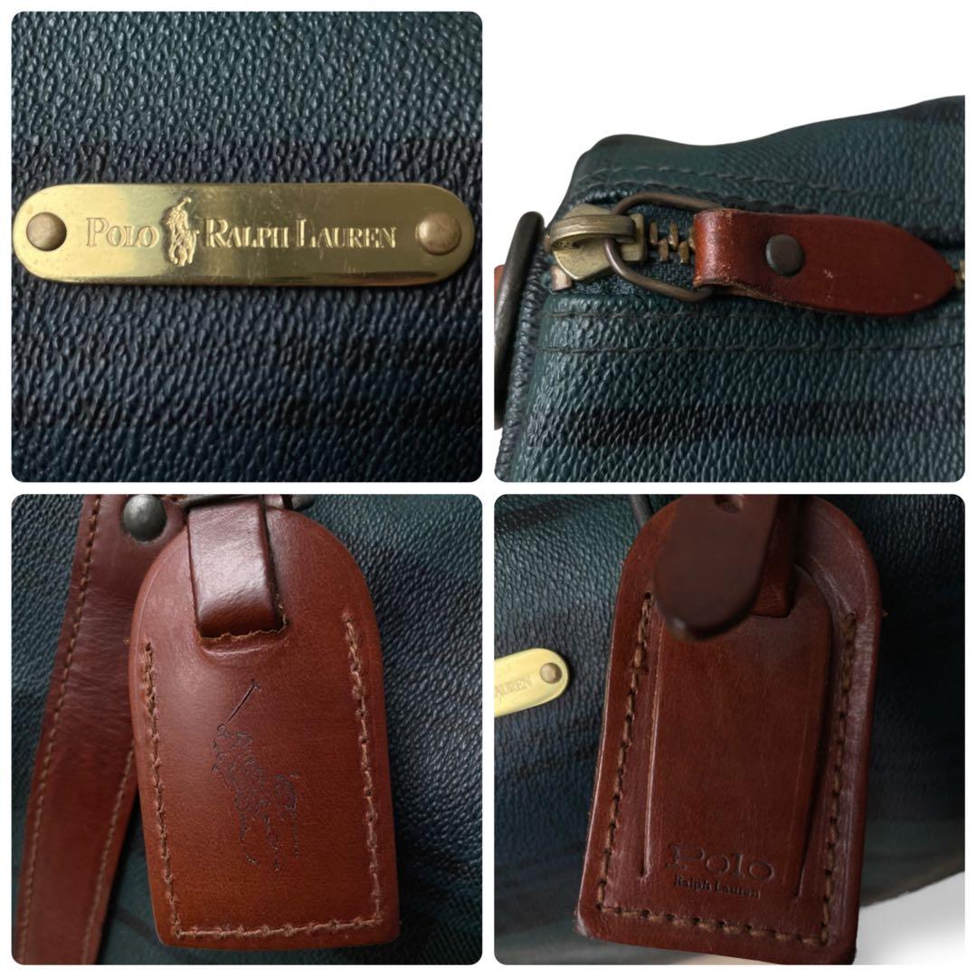 ポロラルフローレン☆ブラックウォッチ チェック ボストンバッグ PVC レザー