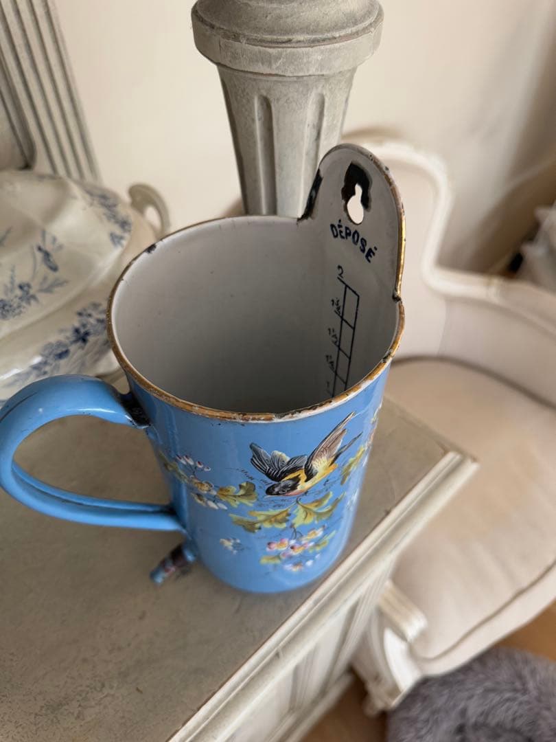 レア！フランスアンティーク水色黒い小鳥とお花手描きのホーローイリゲーター