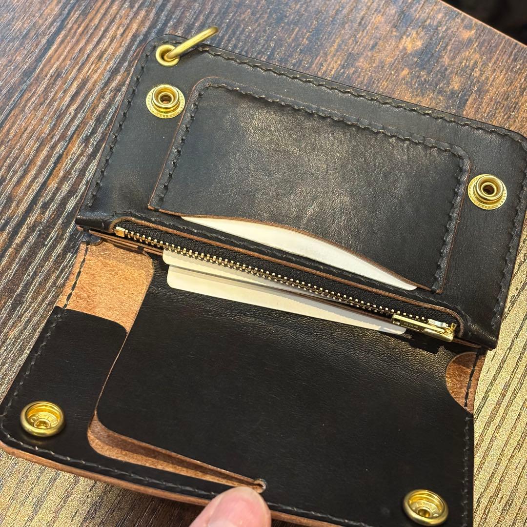 栃木レザー　ミドル　トラッカーウォレット　茶芯ブラック　3層