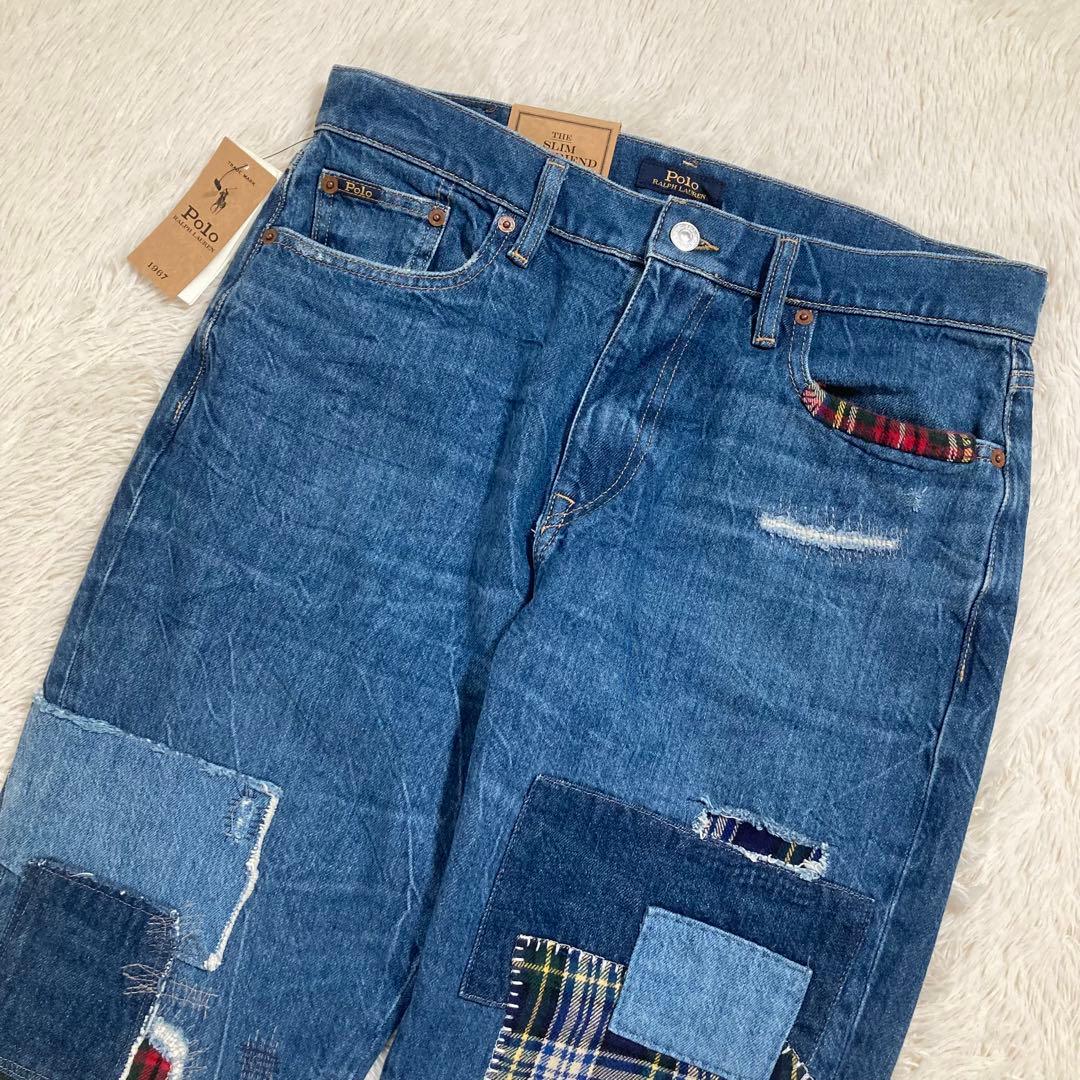 未使用品 ポロラルフローレン パッチワークデニム スリム テーパード ジーンズ