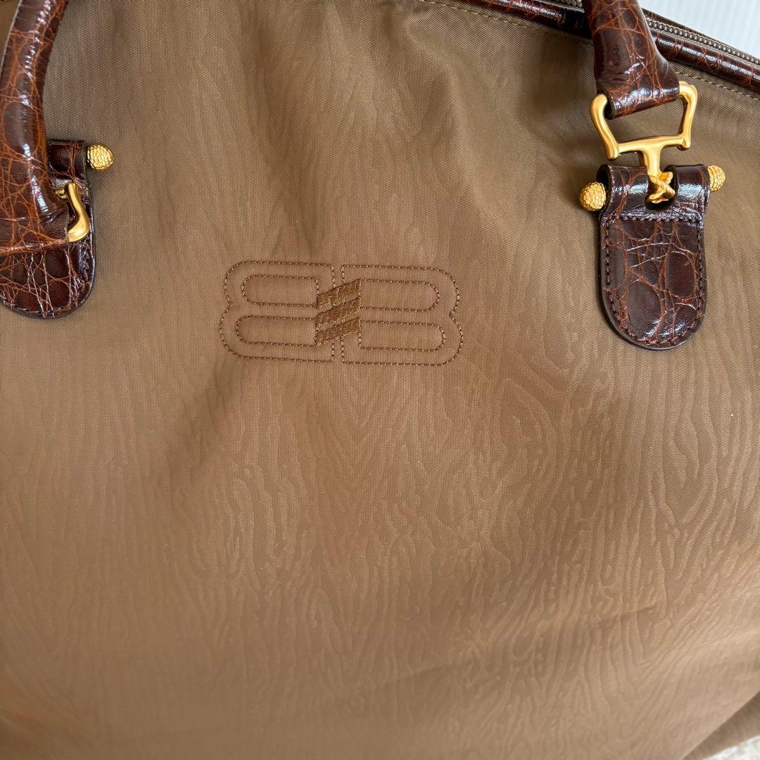 極美品⭐︎ バレンシアガ⭐︎ボストンバッグ ブラウン ナイロン×クロコ型押しレザー