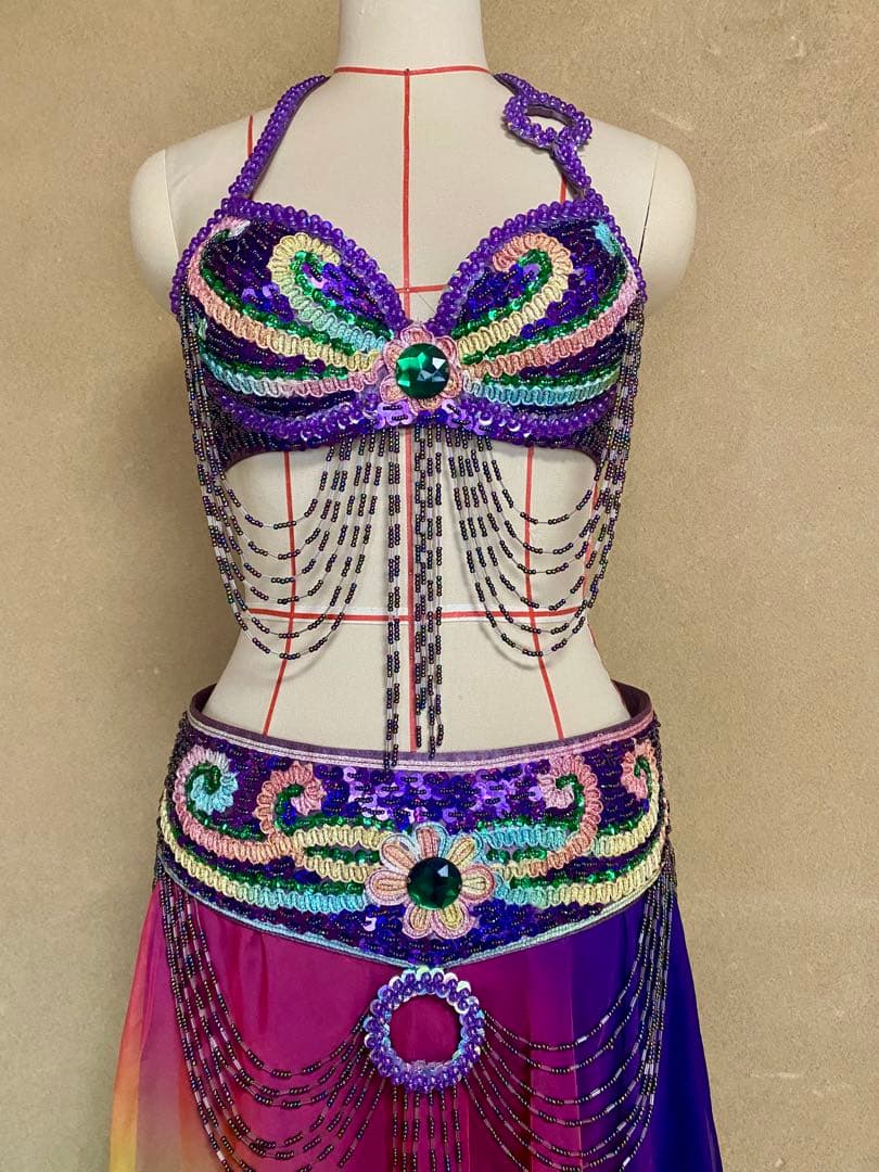 ベリーダンス衣装セットアップ パープルレインボーカラー
