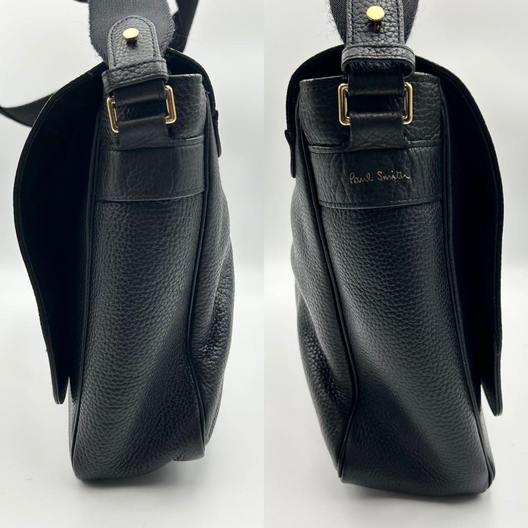 ポールスミス ショルダーバッグ メッセンジャー マルチストライプ シボ革 黒