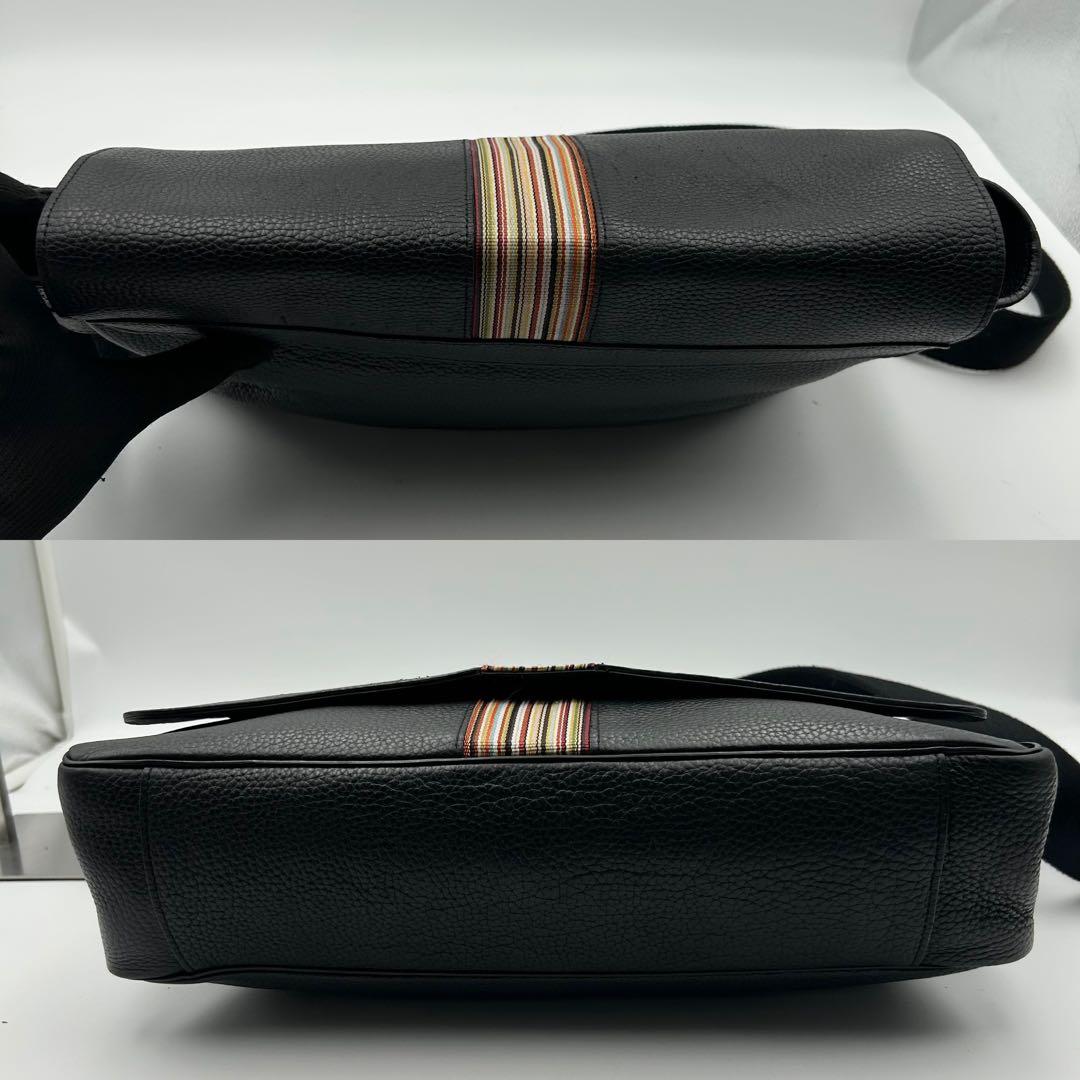 ポールスミス ショルダーバッグ メッセンジャー マルチストライプ シボ革 黒