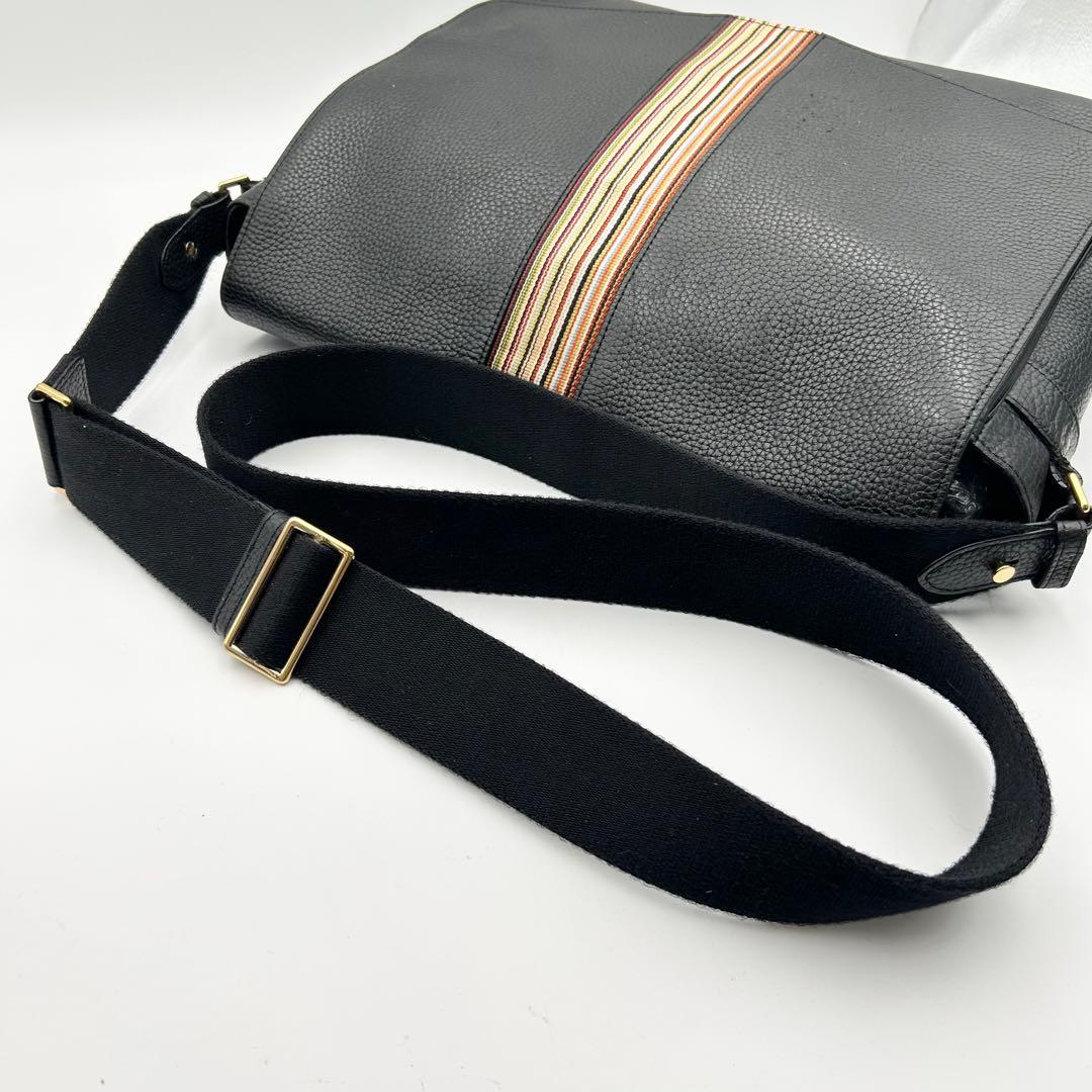 ポールスミス ショルダーバッグ メッセンジャー マルチストライプ シボ革 黒