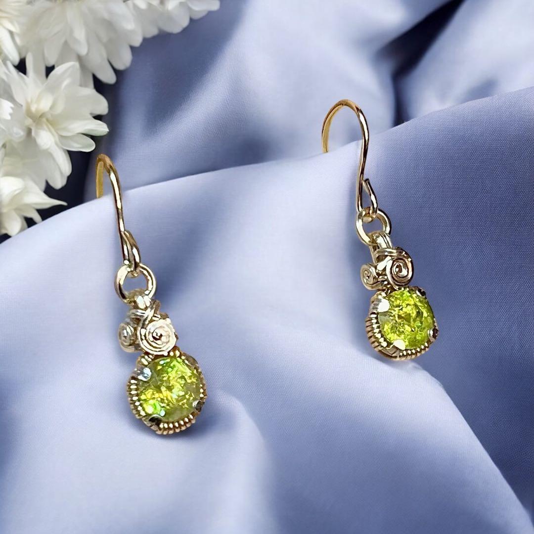 【新春セール⑥】スフェーン　ワイヤーラッピング　ピアス　14kgf